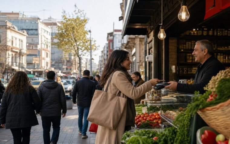 Şehir merkezindeki yerel işletmeden alışveriş yapan tüketici