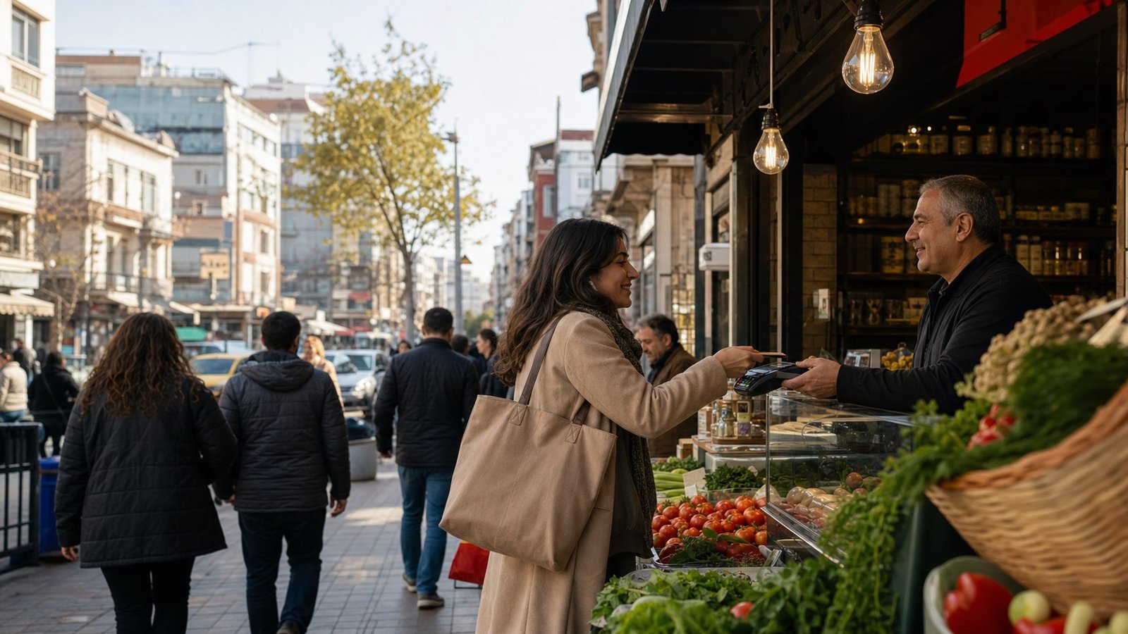 Şehir merkezindeki yerel işletmeden alışveriş yapan tüketici
